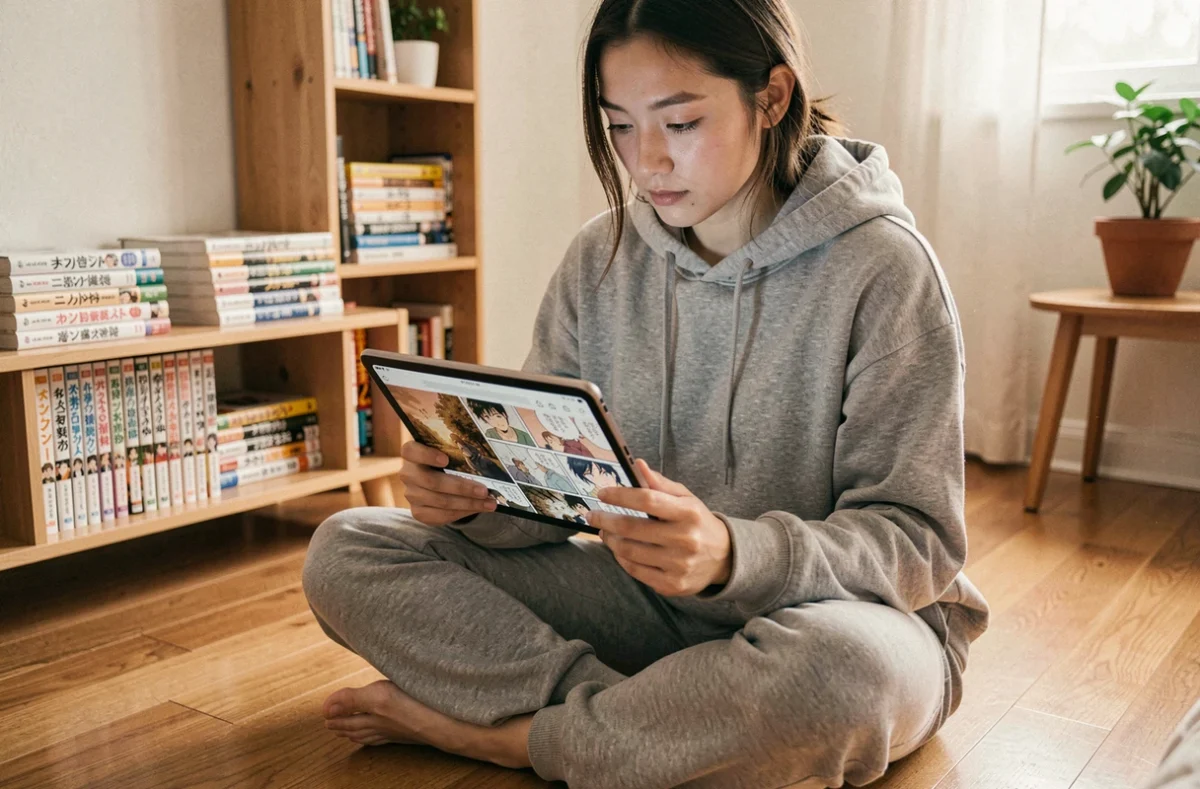 Jeune femme lisant des mangas en ligne sur une tablette dans sa chambre confortable avec des étagères de mangas en arrière-plan