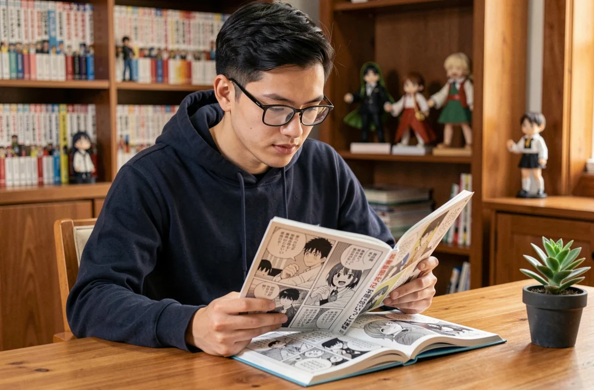 Jeune homme lisant un manga One Piece dans un bureau cozy entouré de volumes manga et figurines