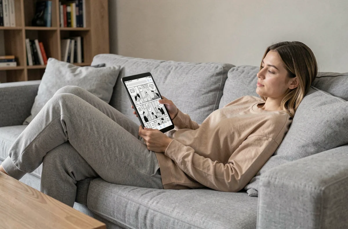 Jeune femme lisant One Piece en VF sur une tablette numérique allongée dans un salon moderne