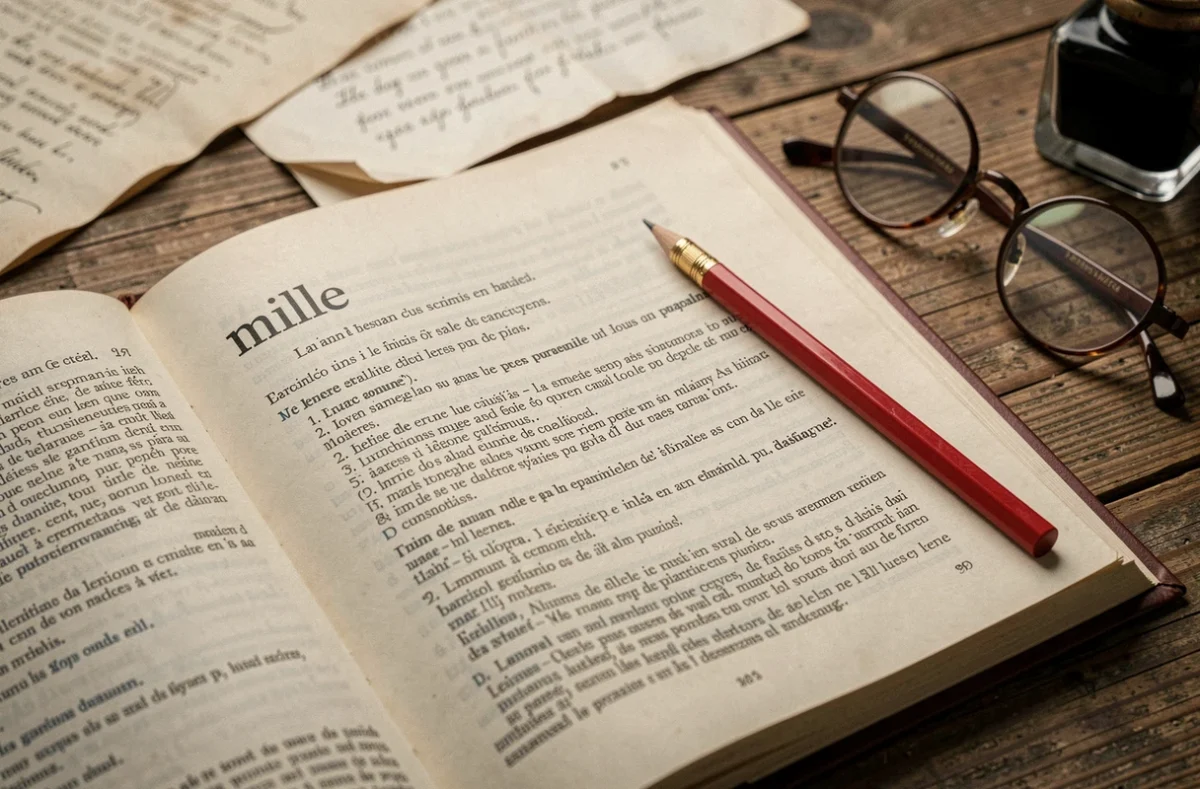 Gros plan sur un livre de grammaire française ouvert montrant la règle d'orthographe du mot mille avec un crayon rouge posé sur la page