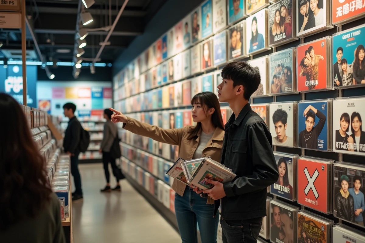 Deux jeunes adultes dans un magasin de disques découvrant des albums de groupes coréens K-pop face à un mur de pochettes colorées
