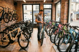 Vue panoramique de l'intérieur d'un magasin de vélos électriques dans la Loire avec plusieurs modèles exposés