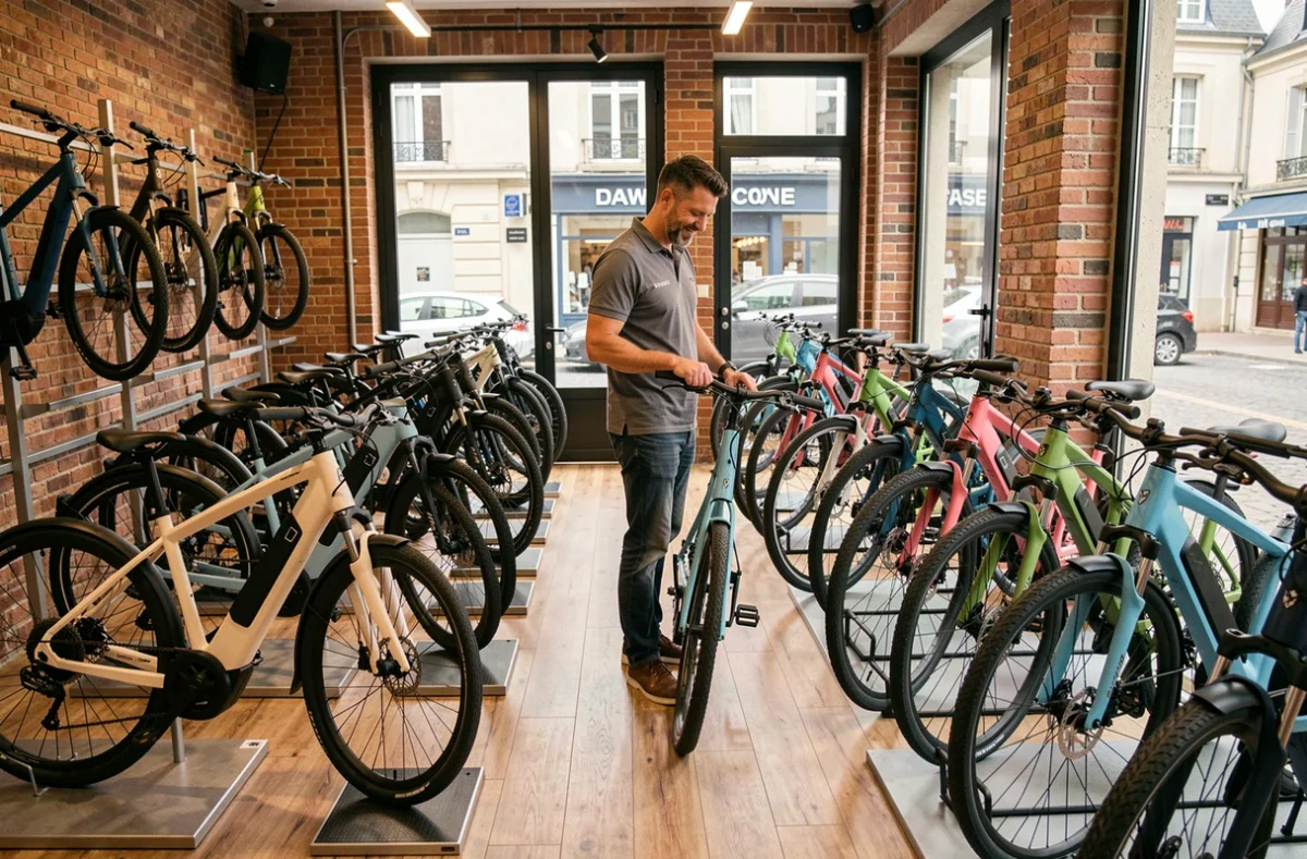 Vue panoramique de l'intérieur d'un magasin de vélos électriques dans la Loire avec plusieurs modèles exposés