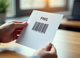 Main main tenant un code-barres PNG sur papier blanc