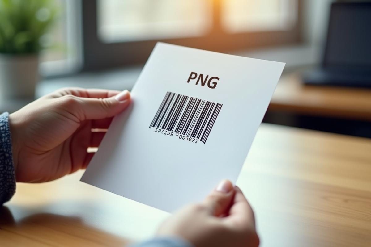 Main main tenant un code-barres PNG sur papier blanc