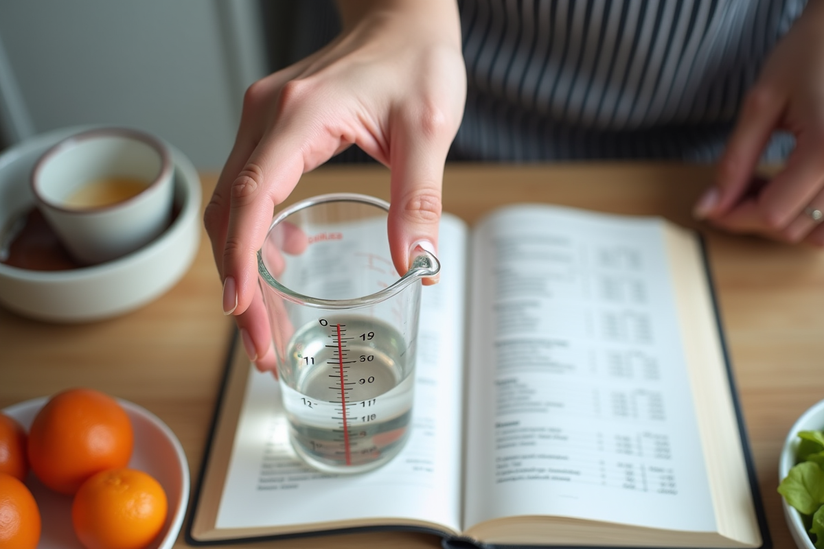 Main tenant un verre 30cl au-dessus d un livre de recettes