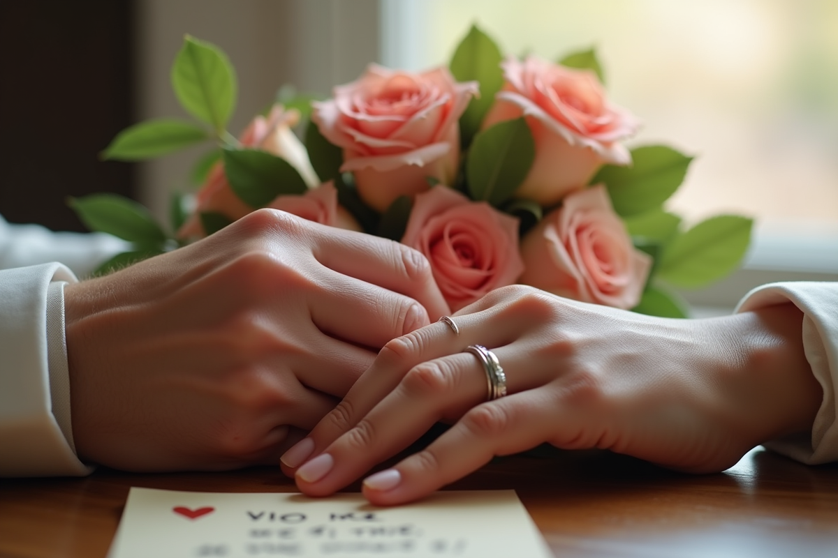 Mains entrelacees avec alliance et roses fraîches