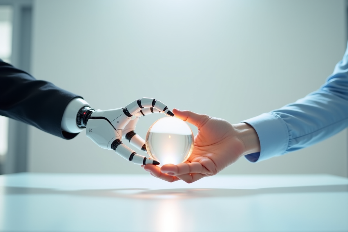Mains robotique et humaine tenant une sphère lumineuse ensemble