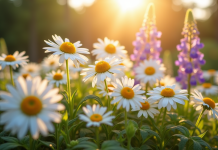 Fleurs de marguerites et delphiniums en plein soleil dans un jardin