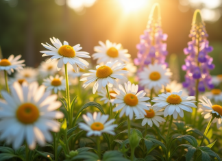 Fleurs de marguerites et delphiniums en plein soleil dans un jardin