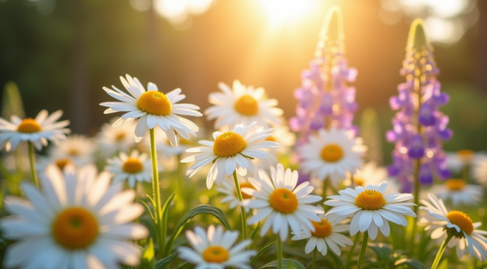 Fleurs de marguerites et delphiniums en plein soleil dans un jardin