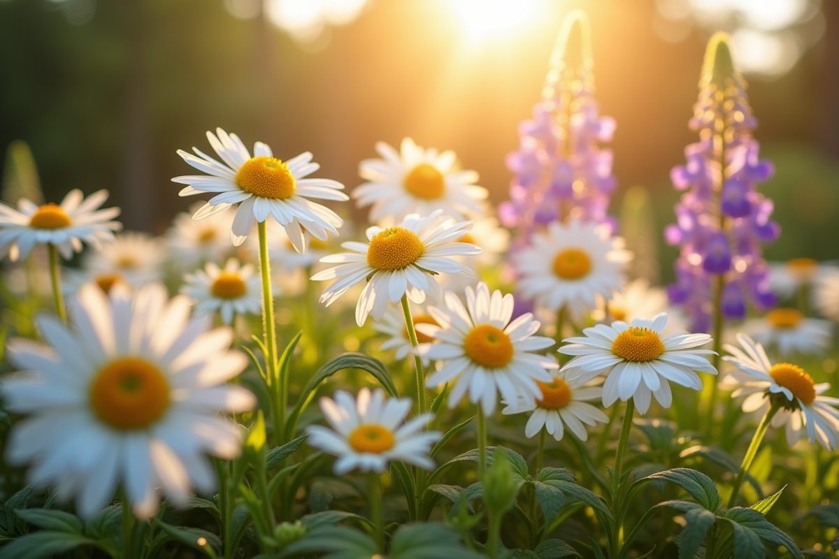 Fleurs de marguerites et delphiniums en plein soleil dans un jardin