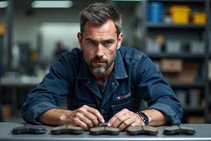 Mécanicien homme examine des plaquettes de frein