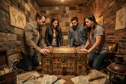Groupe de joueurs adultes concentrés autour d'un coffre mystérieux dans un escape game de l'Aube