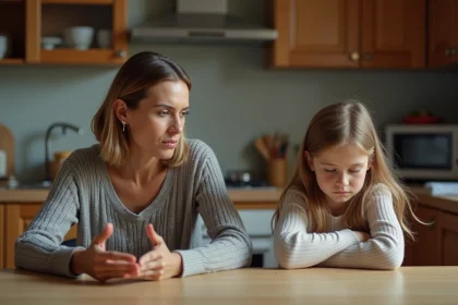 Femme et fille en dispute dans la cuisine familiale