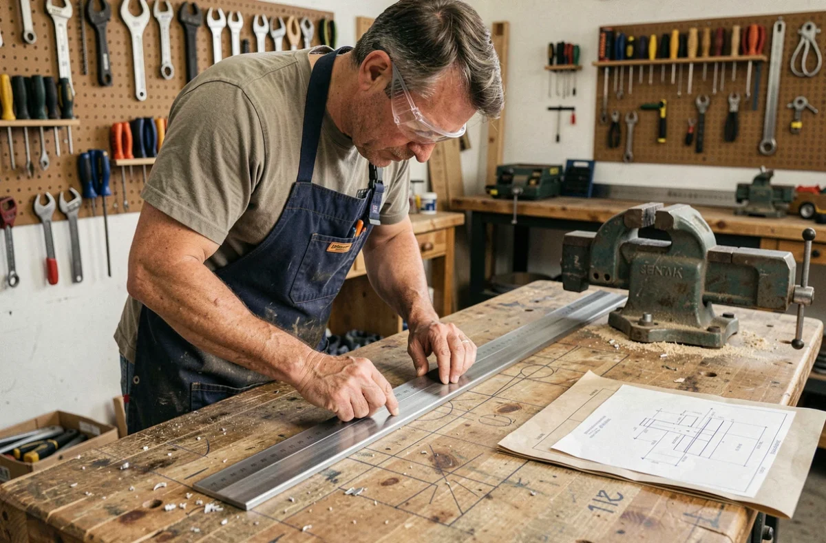 Artisan mesurant une cornière en acier sur un établi de bricolage dans un atelier équipé d'outils