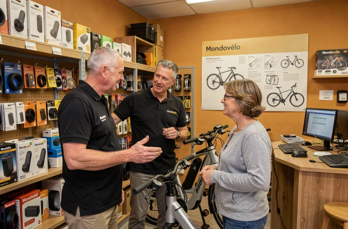 Spécialiste de Mondovélo à Firminy expliquant les caractéristiques d'un vélo électrique à une cliente