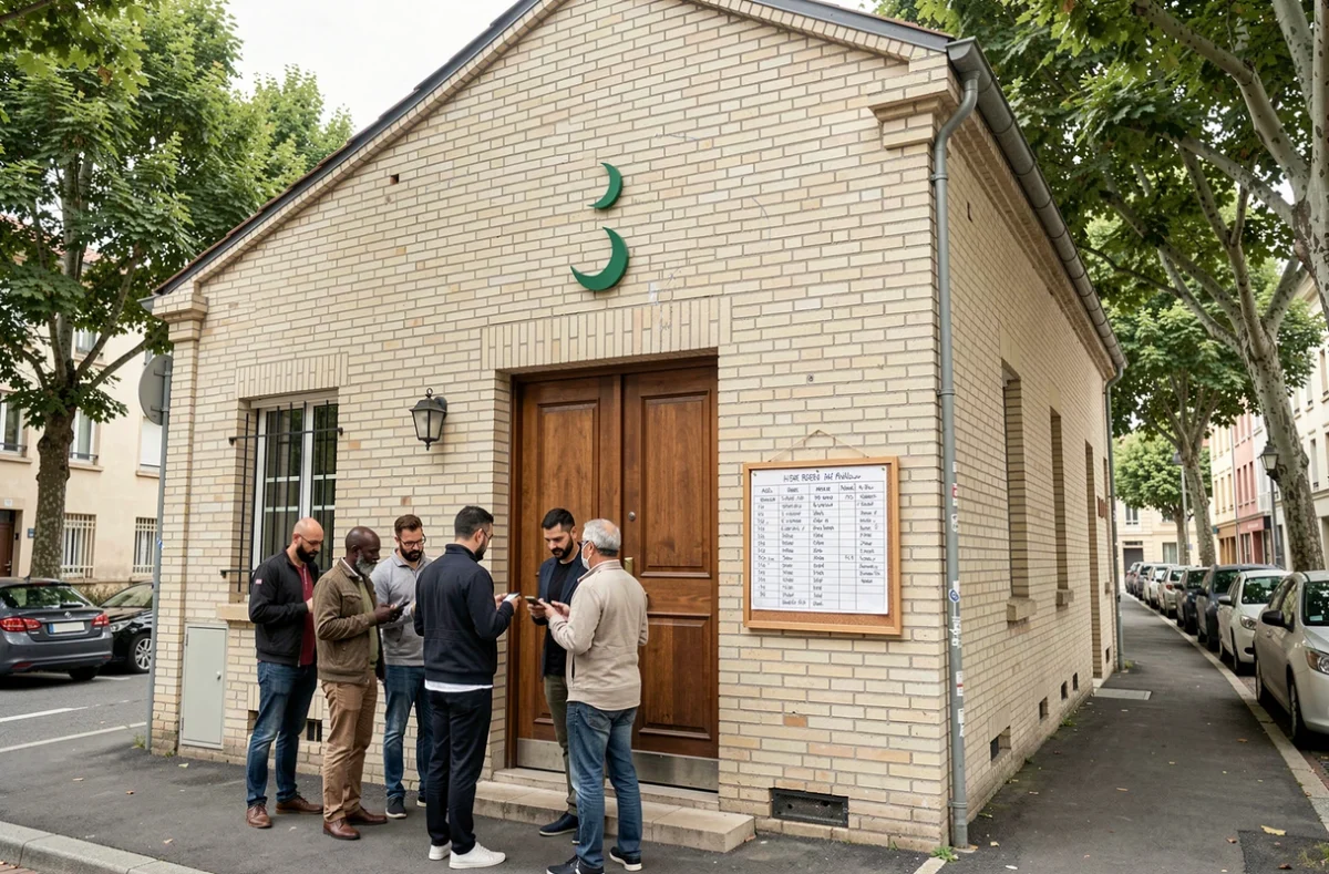 Façade d'une mosquée de quartier à Toulouse avec tableau des horaires de prière