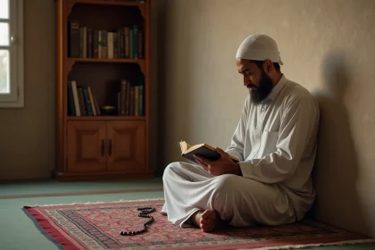 Musulman méditant avec perles de prière dans un intérieur