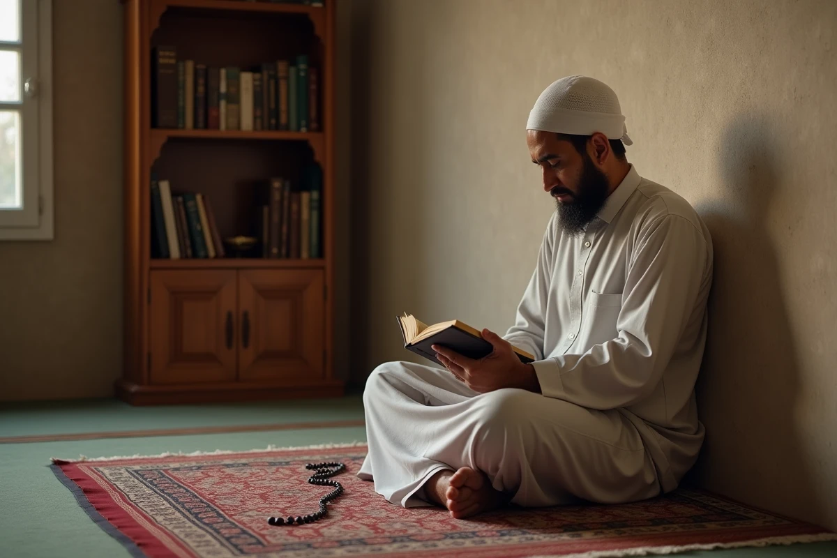 Musulman méditant avec perles de prière dans un intérieur