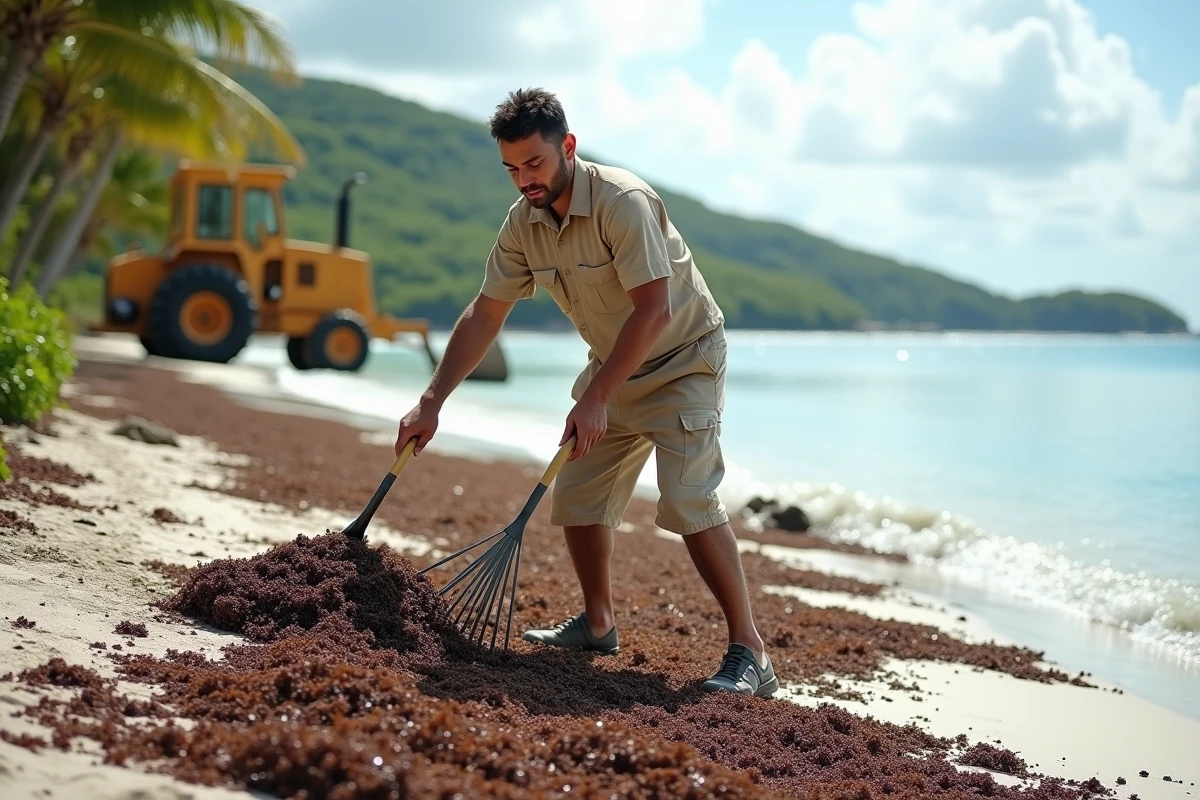 Agent de plage retirant des algues sargasses à la main sur une plage de Guadeloupe