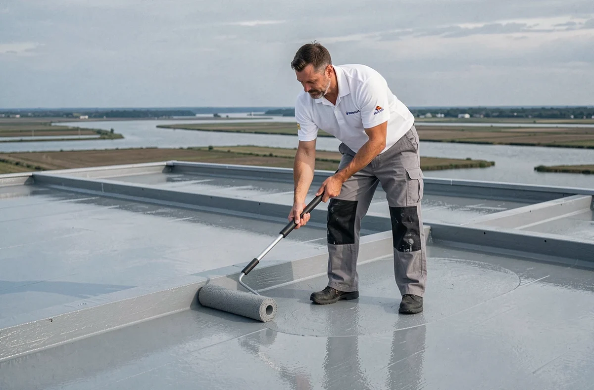 Spécialiste d'Obat Étanchéité Gironde appliquant une résine d'étanchéité liquide sur une toiture-terrasse commerciale avec vue sur l'estuaire de la Gironde