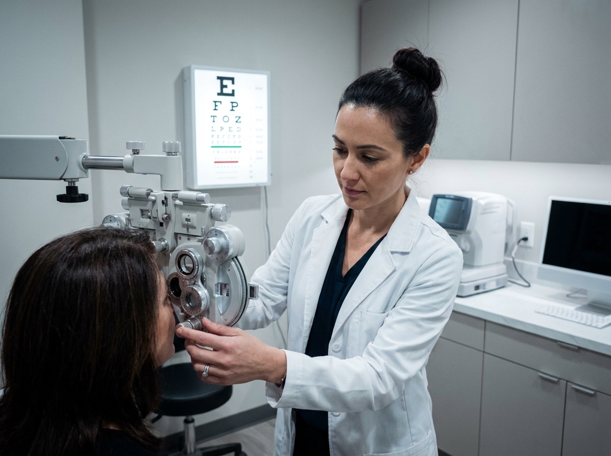 Opticienne ajustant des verres progressifs lors d'un examen de vue dans un cabinet d'optométrie moderne