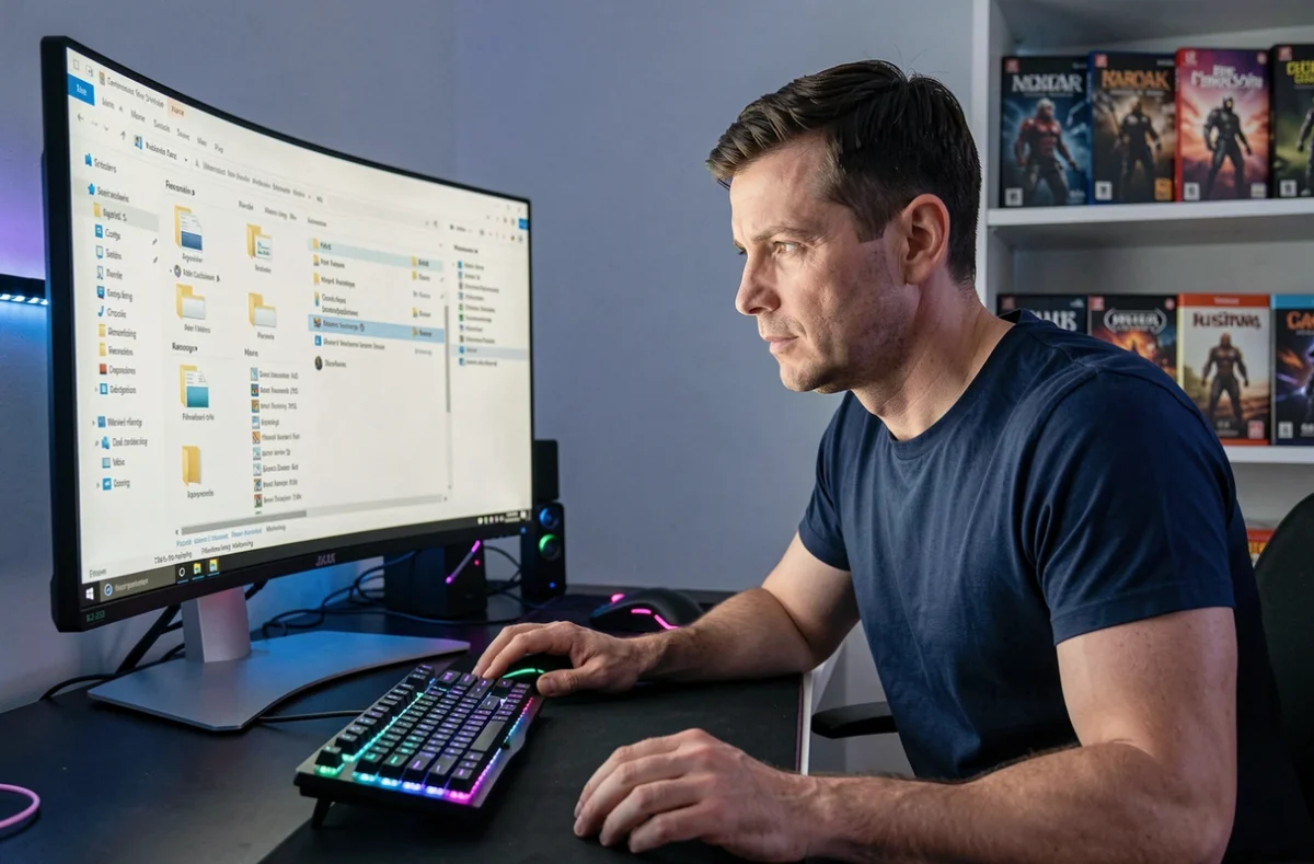 Homme organisant des fichiers de mods dans un gestionnaire de fichiers sur un PC gaming