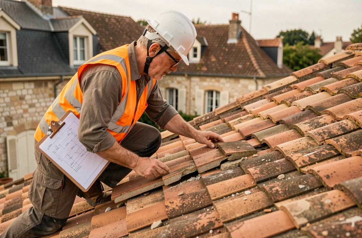 Couvreur d'Oriven inspectant et remplaçant des tuiles endommagées sur une maison bordelaise