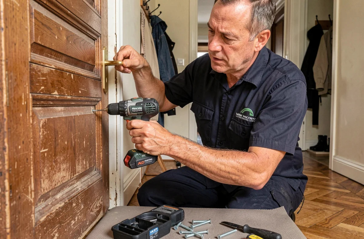 Artisan des Ouvriers de l'Habitat remplaçant une poignée et serrure sur une porte en bois