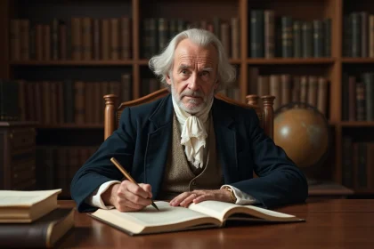 Philosophe âgé en costume 18e siècle dans son étude