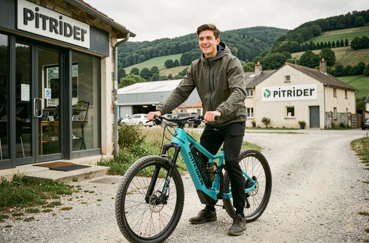 Client enthousiaste avec un vélo électrique tout-terrain devant la boutique Pitrider dans la Loire