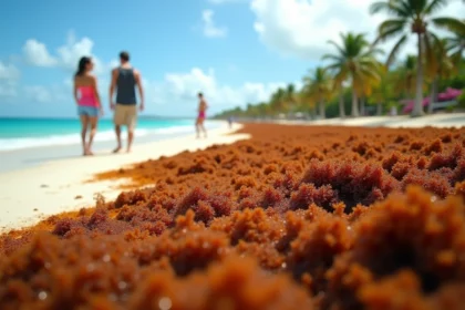 Plage de Guadeloupe envahie par les sargasses avec des touristes déçus en arrière-plan