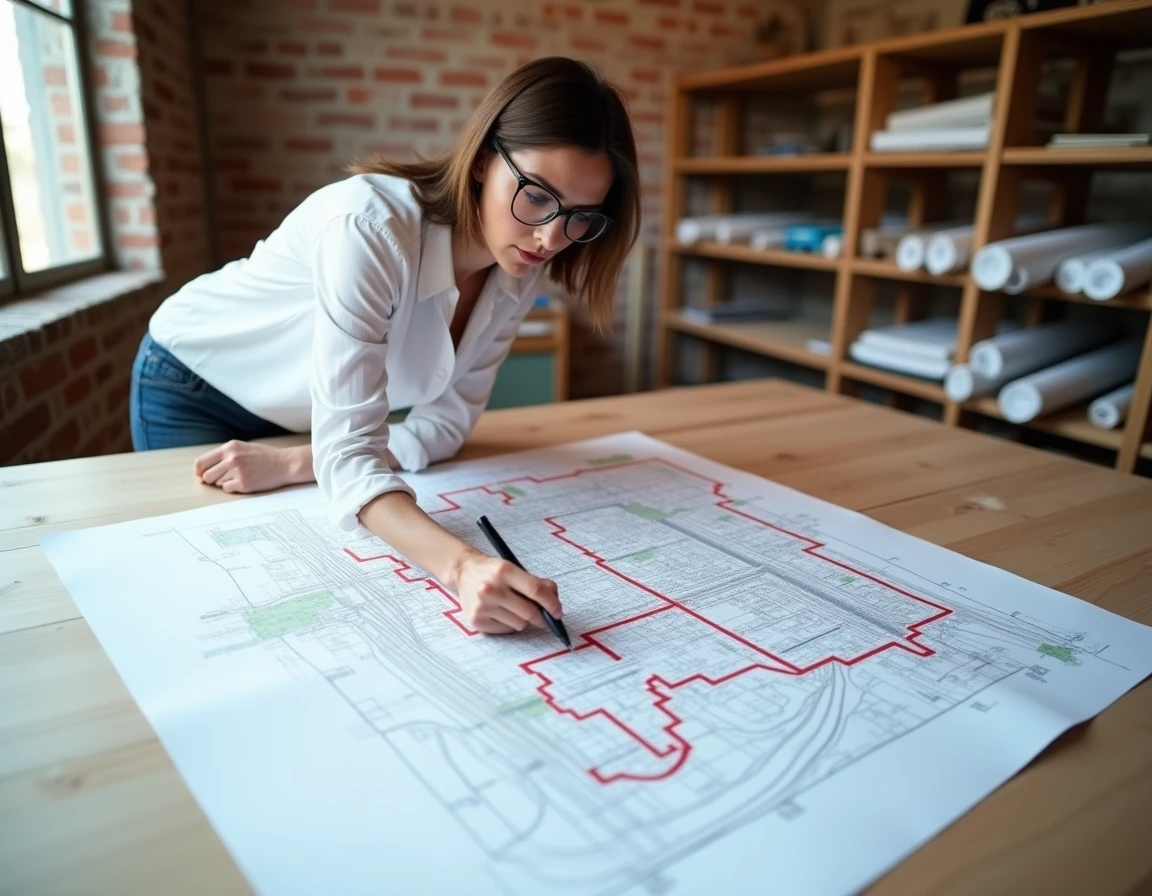 Urbaniste pointant sur un plan cadastral une parcelle de 10 hectares délimitée en rouge, dans un bureau d'architecture avec des cartes et blueprints