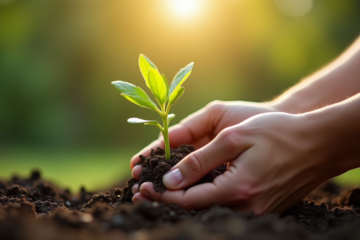 Mains plantant un jeune arbre dans la terre riche sous la lumière du soleil