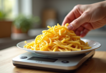 Main pesant une portion de pâtes crues sur balance numérique
