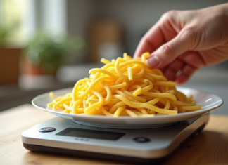 Main pesant une portion de pâtes crues sur balance numérique