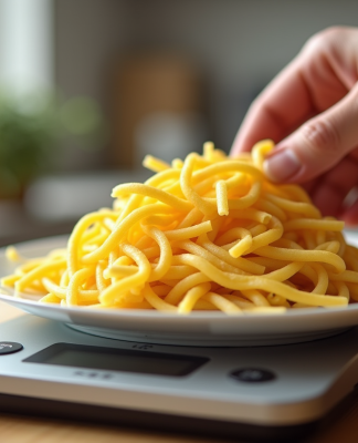 Main pesant une portion de pâtes crues sur balance numérique