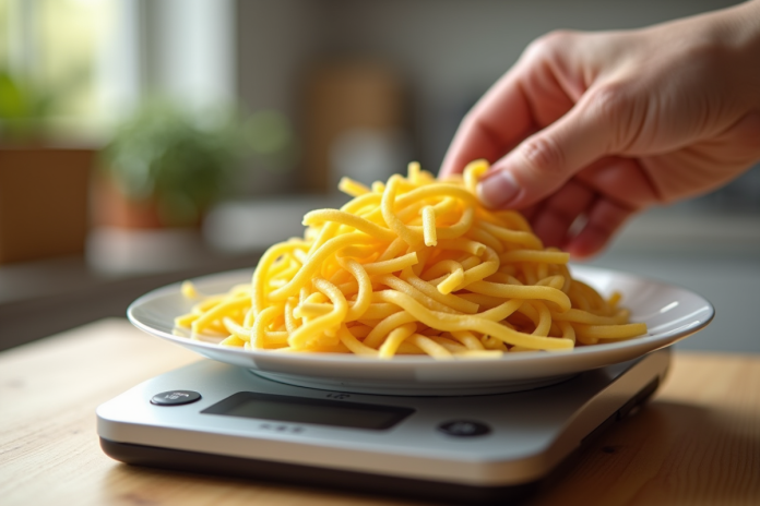 Main pesant une portion de pâtes crues sur balance numérique
