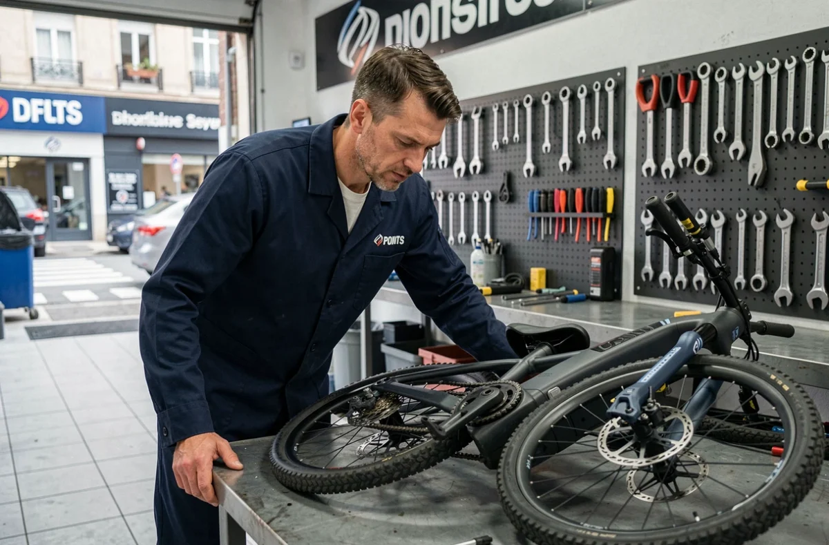 Mécanicien en uniforme Point S travaillant sur un vélo électrique dans l'atelier de Saint-Étienne