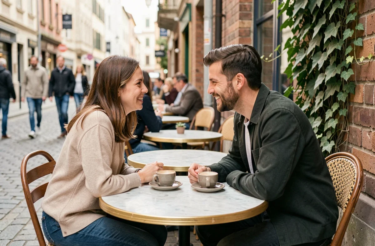 Premier rendez-vous entre deux adultes sur une terrasse de restaurant dans un quartier urbain