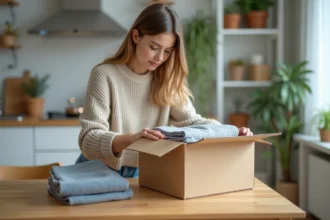 Jeune femme préparant un colis Vinted Go dans sa cuisine, plaçant un vêtement plié dans une boîte d'expédition en carton