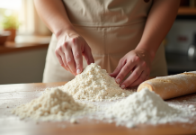 Mains de boulanger choisissant farine sel et levure
