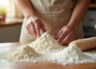 Mains de boulanger choisissant farine sel et levure