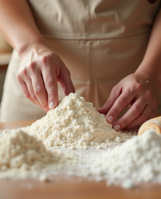 Mains de boulanger choisissant farine sel et levure