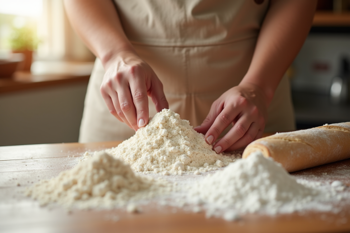 preparation-pain-farine-sel-levure Mains de boulanger choisissant farine sel et levure