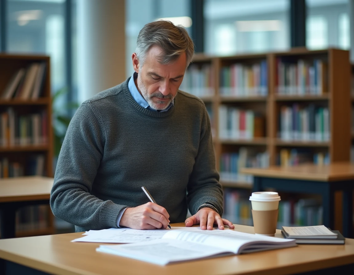 Professeur masculin analysant sa grille de rémunération et ses heures supplémentaires dans une bibliothèque scolaire