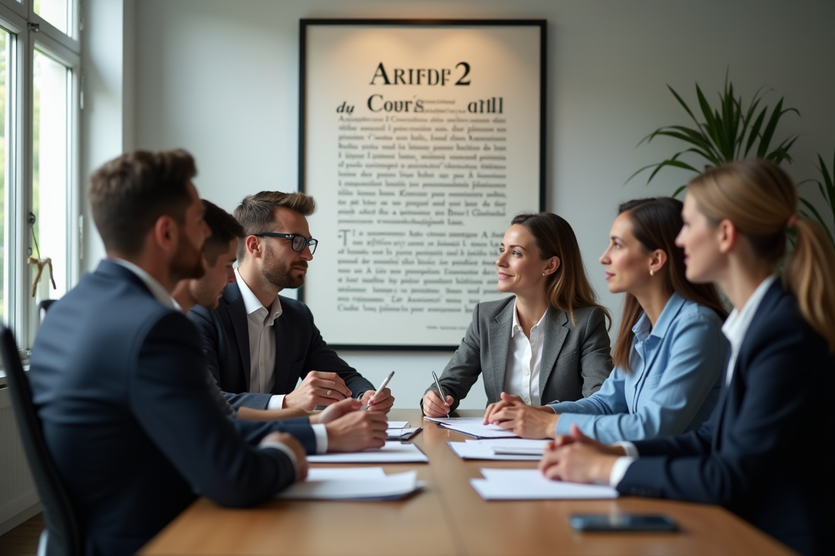 Groupe de professionnels discutant autour de documents juridiques