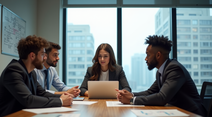 Groupe de professionnels discutant de blockchain consensus