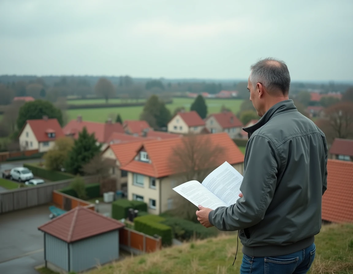 Vue depuis une colline d'un quartier résidentiel illustrant visuellement la superficie de 10 hectares avec maisons, école et espace vert